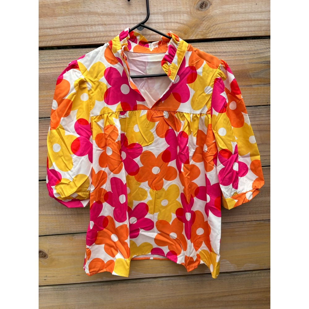 Retro Floral Puff Sleeve Blouse Pink Orange Yellow XL Mod Ruffle Neck Top